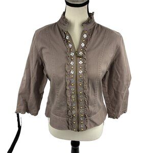 Ruby Rd Petite Womens Embellished Jacket Ruffle Zip 10P